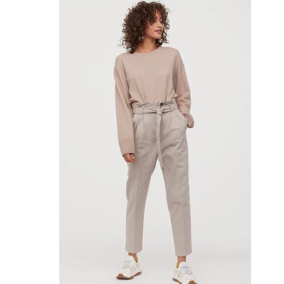H&M Lightweight Cotton Blend Paper  Bag Belted Pants Slim Fit Size 6 - Picture 1 of 8